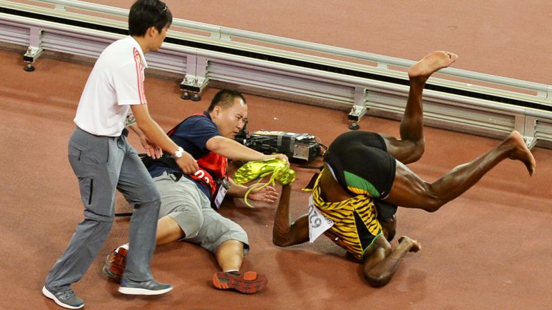 After winning the 200-meter final at the World Championships, Usain Bolt was <a href="index.php?page=&url=http%3A%2F%2Fwww.cnn.com%2F2015%2F08%2F30%2Fsport%2Fchina-world-athletics-championships-wrap%2F">accidentally knocked over</a> by a cameraman in a Segway. Neither man was hurt, and they later <a href="index.php?page=&url=http%3A%2F%2Fwww.theguardian.com%2Fsport%2F2015%2Faug%2F28%2Fusain-bolt-segway-world-athletics-championships%3FCMP%3Dshare_btn_tw" target="_blank" target="_blank">shook hands</a> on the medal stand. 