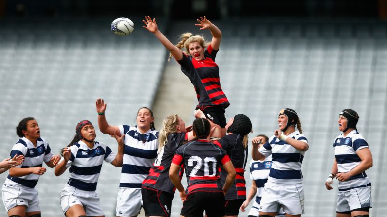Canterbury's Alana Bremner clears the ball from the lineout during a Provincial Championship rugby match Saturday, August 29, in Auckland, New Zealand.
