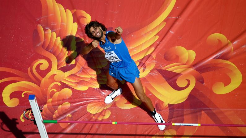 Italian high jumper Gianmarco Tamberi poses at the World Championships on Friday, August 28.