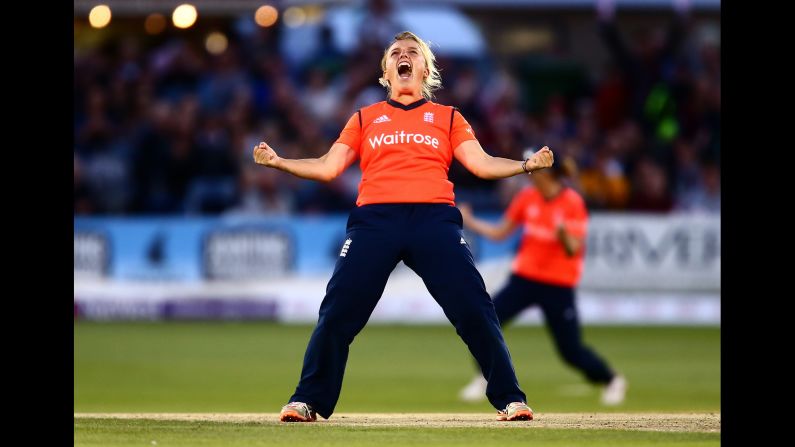 England cricketer Danielle Hazell celebrates getting the wicket of Elyse Villani during an Ashes series match against Australia on Friday, August 28. England won the Twenty20 match but lost the overall series.