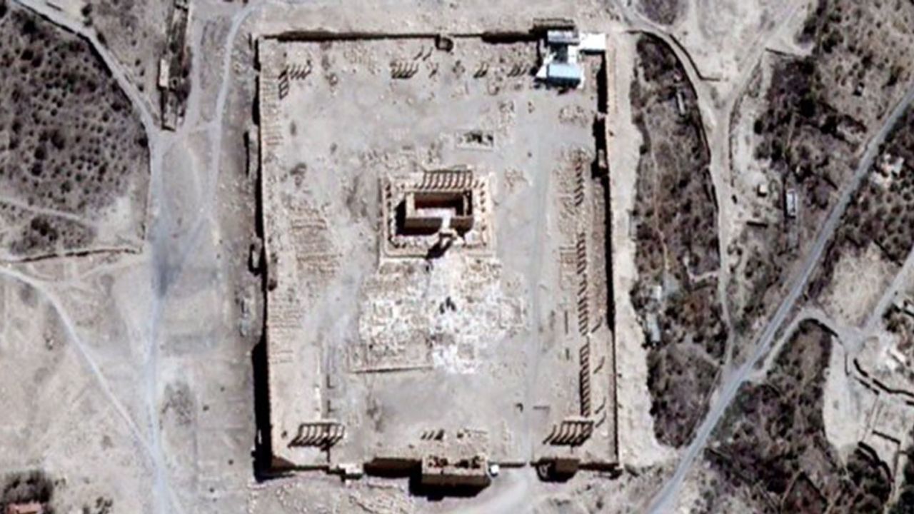 A satellite image of the Temple of Bel, Palmyra. Image by Airbus DS, UNITAR-UNOSAT.