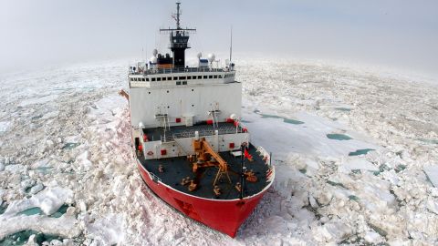 The U.S. Coast Guard Cutter Healy, a 420-foot-long icebreaker homeported in Seattle, breaks ice in support of scientific research in the Arctic Ocean in 2006.