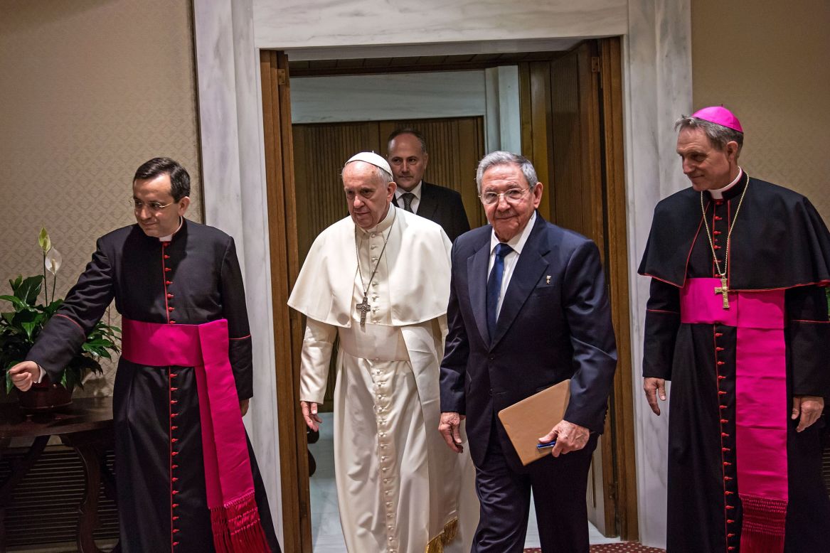 Pope Francis meets with Cuban President Raul Castro at the Vatican on Sunday, May 10, 2015. Castro thanked the Pope for his role in brokering the rapprochement between Havana and Washington. 
