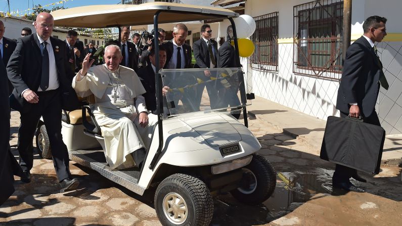 Pope Francis arrives for his visit with prisoners in Santa Cruz, Bolivia, on Friday, July 10, 2015. The Pope emphasized the plight of the poor during <a href="index.php?page=&url=http%3A%2F%2Fwww.cnn.com%2F2015%2F07%2F05%2Famericas%2Fgallery%2Fpope-francis-south-america%2Findex.html" target="_blank">his eight-day tour of South America,</a> which also included stops in Ecuador and Paraguay.