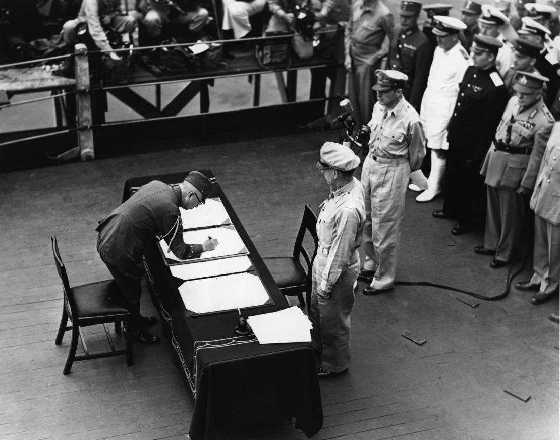 On September 2, 1945, Japan signs surrender documents aboard the battleship USS Missouri in Tokyo Bay.