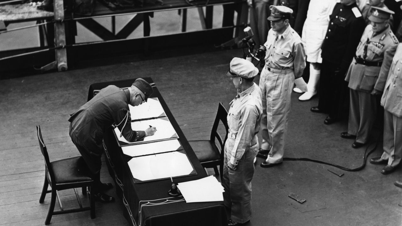 On September 2, 1945, Japan signs surrender documents aboard the battleship USS Missouri in Tokyo Bay.