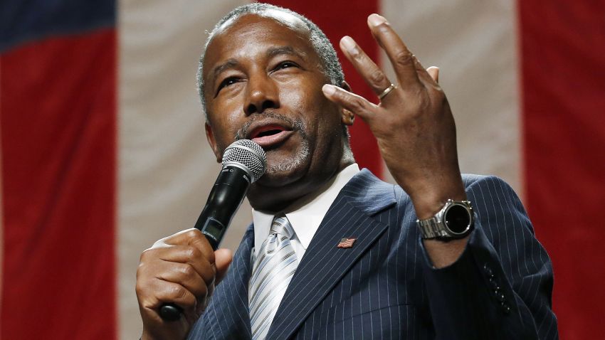 Republican presidential candidate Ben Carson delivers a speech to supporters Tuesday, Aug. 18, 2015, in Phoenix. The state Republican Party said Tuesday evening's rally was moved from a church in Tempe to the convention center because of high demand. (AP Photo/Ross D. Franklin)