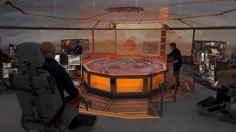 The ship's entire systems would be monitored in a control room with a 3-D holographic command table. Five people could run the entire system, compared to 25 in current control rooms.