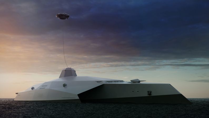 The ship would not have a mast. A tethered quad-copter overhead would house sensors and a laser to take out enemy targets.