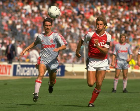 Ian Rush of Liverpool (left) and Tony Adams of Arsenal in action during the 1989 Charity Shield match at Wembley Stadium in London. Rush won five league titles with Liverpool, along with three FA Cups and two European Cups. 