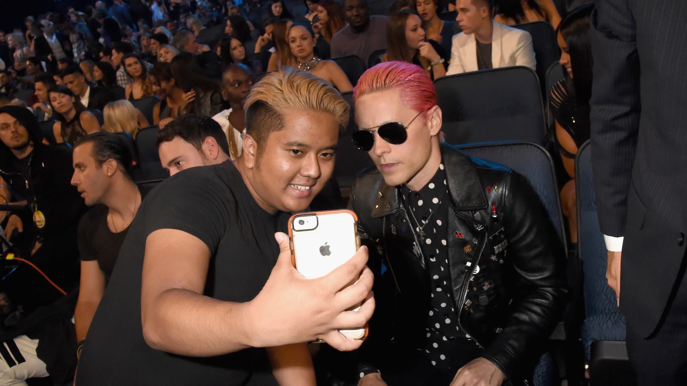 A fan gets a selfie with actor Jared Leto at the MTV Video Music Awards on Sunday, August 30.