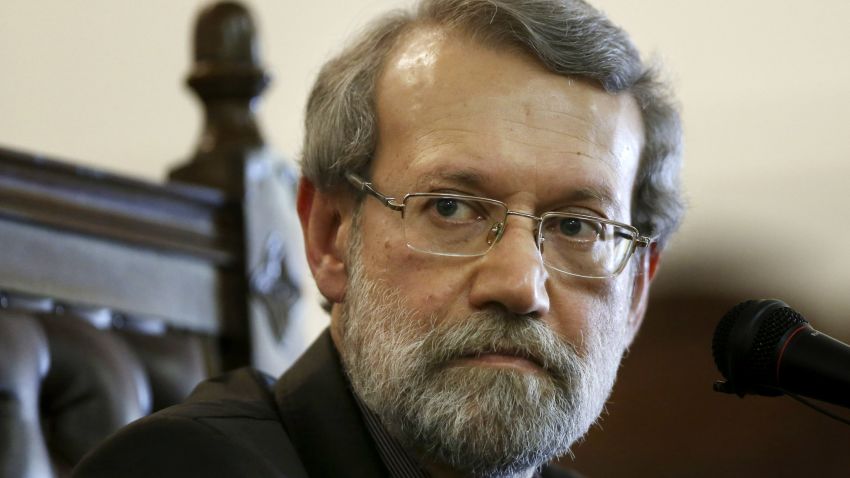Iran's parliament speaker Ali Larijani listens to a question during a press conference at parliament in Tehran, Iran, Monday, March 16, 2015. Referring to the Iran's nuclear talks with world powers, Ali Larijani told reporters on Monday that a final nuclear deal can serve interests of both Iran and the region. (AP Photo/Vahid Salemi)