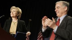 U.S. Senator Hillary Clinton (D-NY) (left) is welcomed to the stage by Democratic National Committee Chairman Howard Dean at the DNC's 2007 Winter Meeting, "Strong Leadership for America's Future," February 2, 2007 in Washington, D.C.