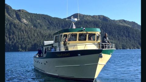 Obama aboard the "Viewfinder," touring Resurrection Bay, Alaska on Tuesday.