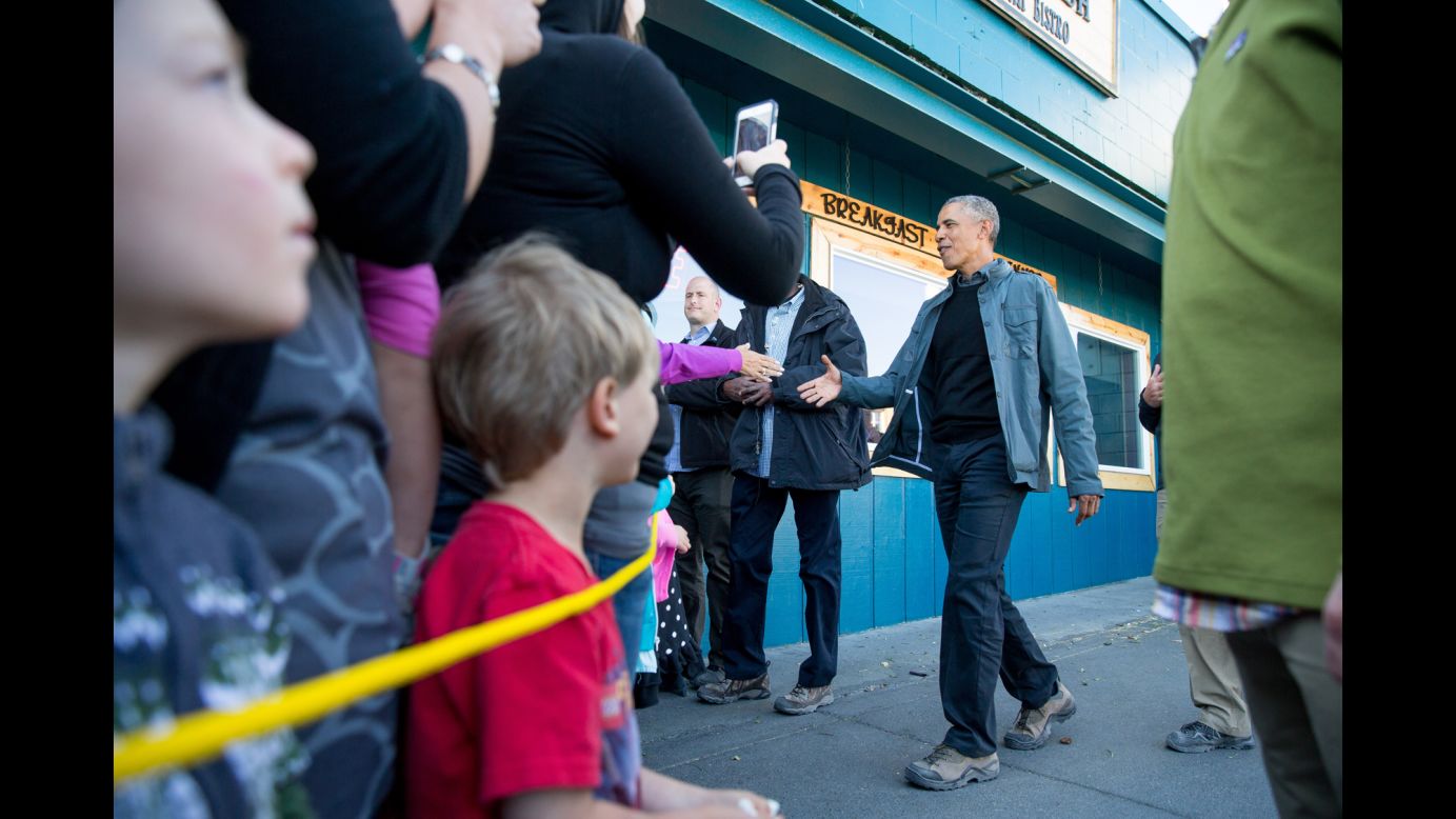 Obama greets people in downtown Seward on September 1.