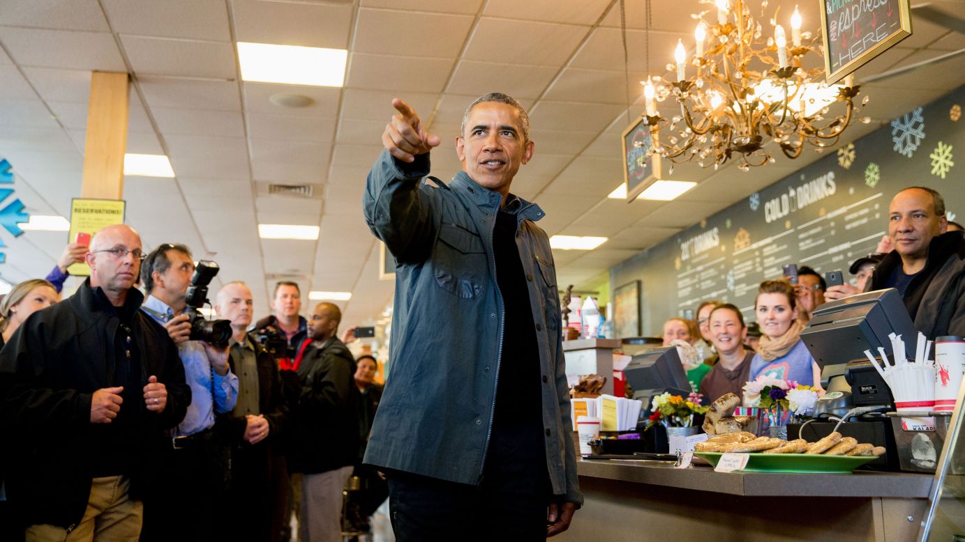 Obama speaks during a visit to the Snow City Cafe in Anchorage, Alaska, on September 1.