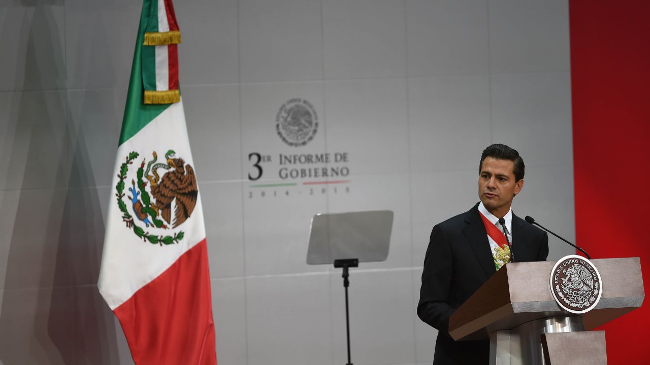 Mexican President Enrique Pena Nieto gives his third annual report at the Palacio Nacional in Mexico City on September 2, 2015.  AFP PHOTO/ALFREDO ESTRELLA        (Photo credit should read ALFREDO ESTRELLA/AFP/Getty Images)