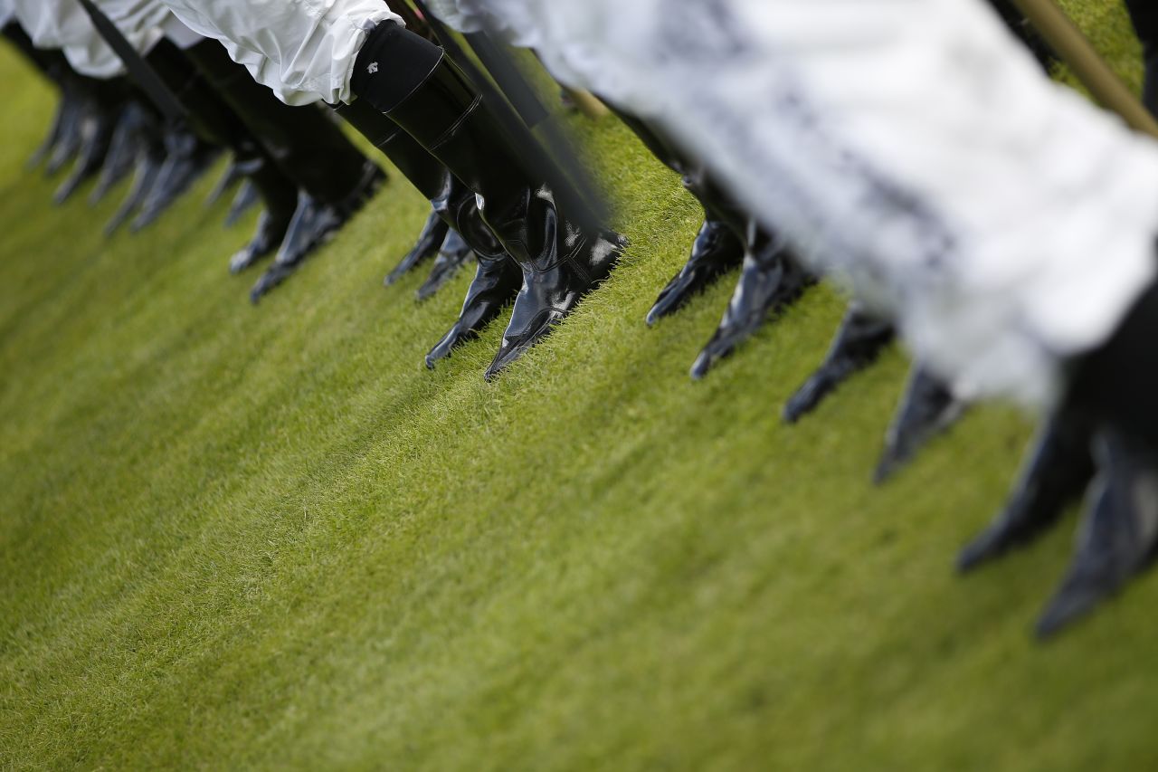 YORK, ENGLAND - AUGUST 20: Jockeys riding boots as they line up at York racecourse on August 20, 2015 in York, England. (Photo by Alan Crowhurst/Getty Images)