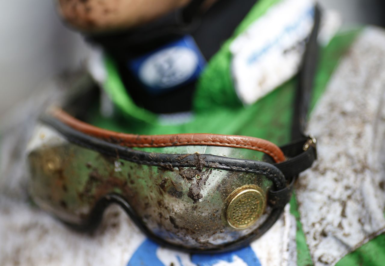 BRIGHTON, ENGLAND - AUGUST 24: A muddy pair of jockeys goggles at Brighton racecourse on June 24, 2015 in Brighton, England. (Photo by Alan Crowhurst/Getty Images)