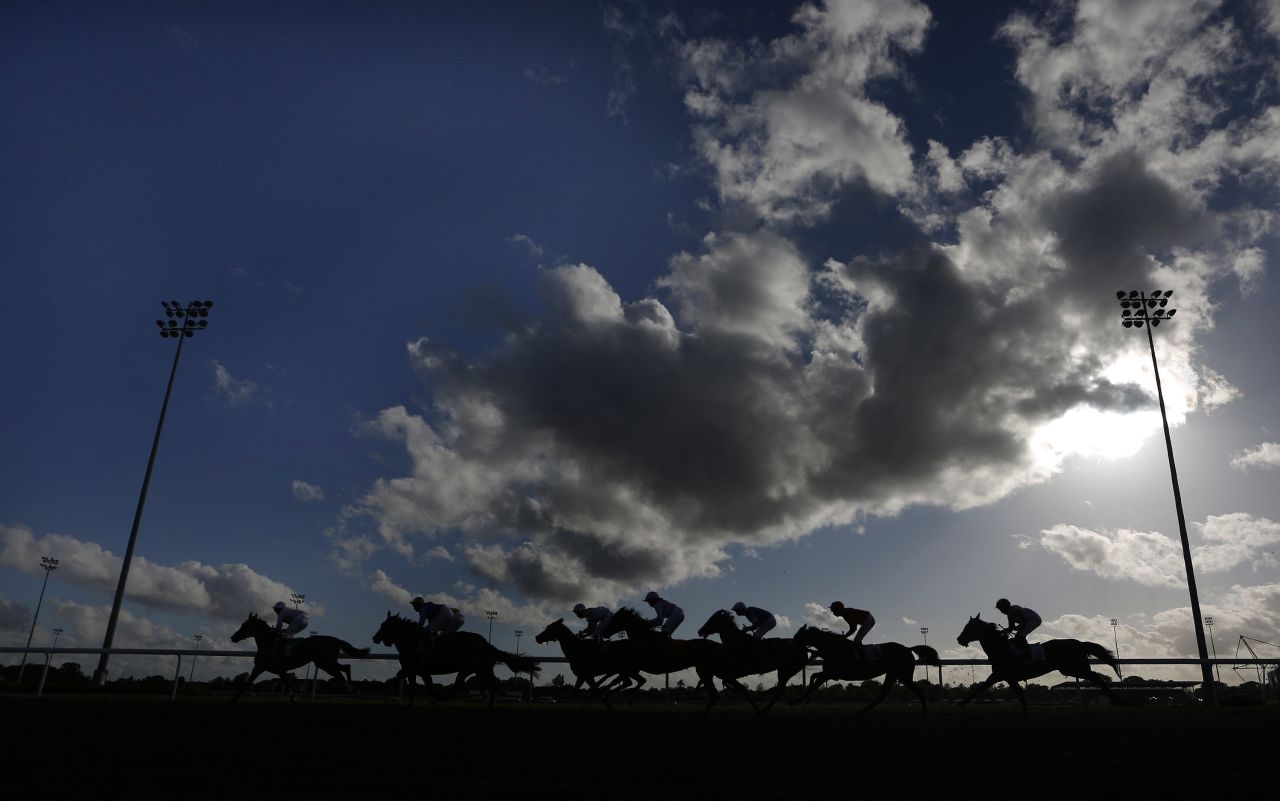 SUNBURY, ENGLAND - AUGUST 26: A general view as runners race down the back straight at Kempton Park racecourse on August 26, 2015 in Sunbury, England. (Photo by Alan Crowhurst/Getty Images)