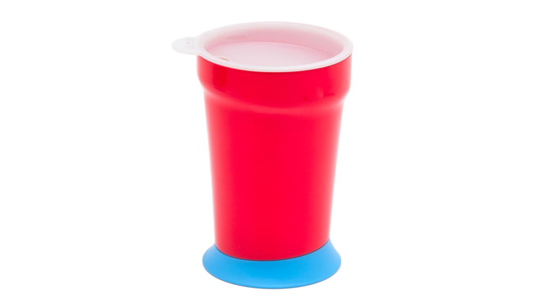 The red cup features a stabilized rubber base and a lid, which help prevent accidental spills.