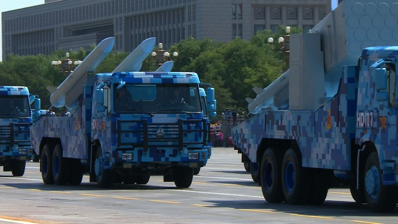 Missiles are displayed along the parade route on September 3.