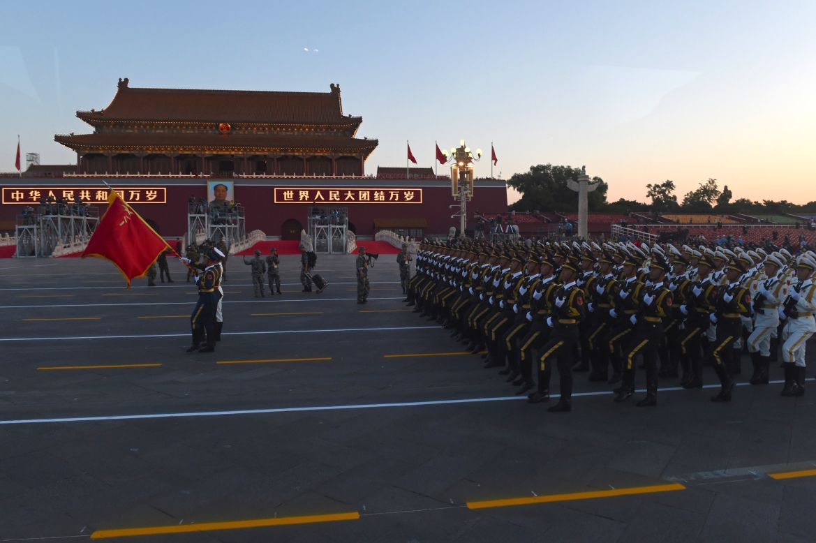 Chinese soldiers conduct last-minute drills ahead of the military parade in Beijing's Tiananmen Square on September 3.