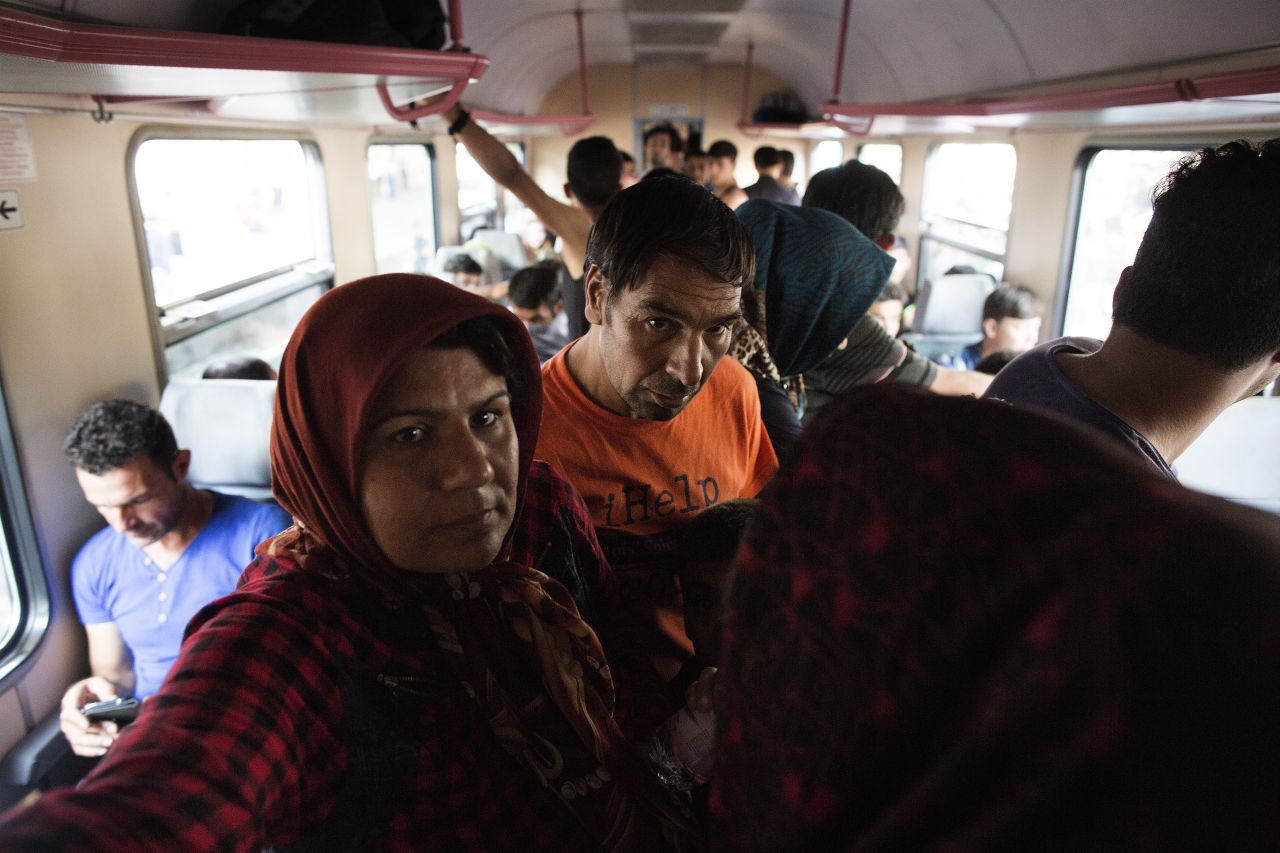 Migrants inside a train inside the Keleti station.