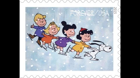 Charlie Brown's dog Snoopy leads a group of kids ice skating. A minor character when the "Peanuts" comic strip began in 1950, Snoopy eventually became one of its most popular characters.