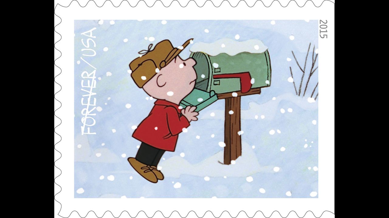 Charlie Brown searches in vain in his mailbox for a Christmas card.