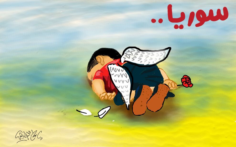 Illustration by <a href="https://twitter.com/islamgawish/status/639107715063775233/photo/1" target="_blank" target="_blank">Islam Gawish</a>, an Egyptian cartoonist: "This child who wanted freedom, has been killed by the fear of war, the war that he was not a part of."