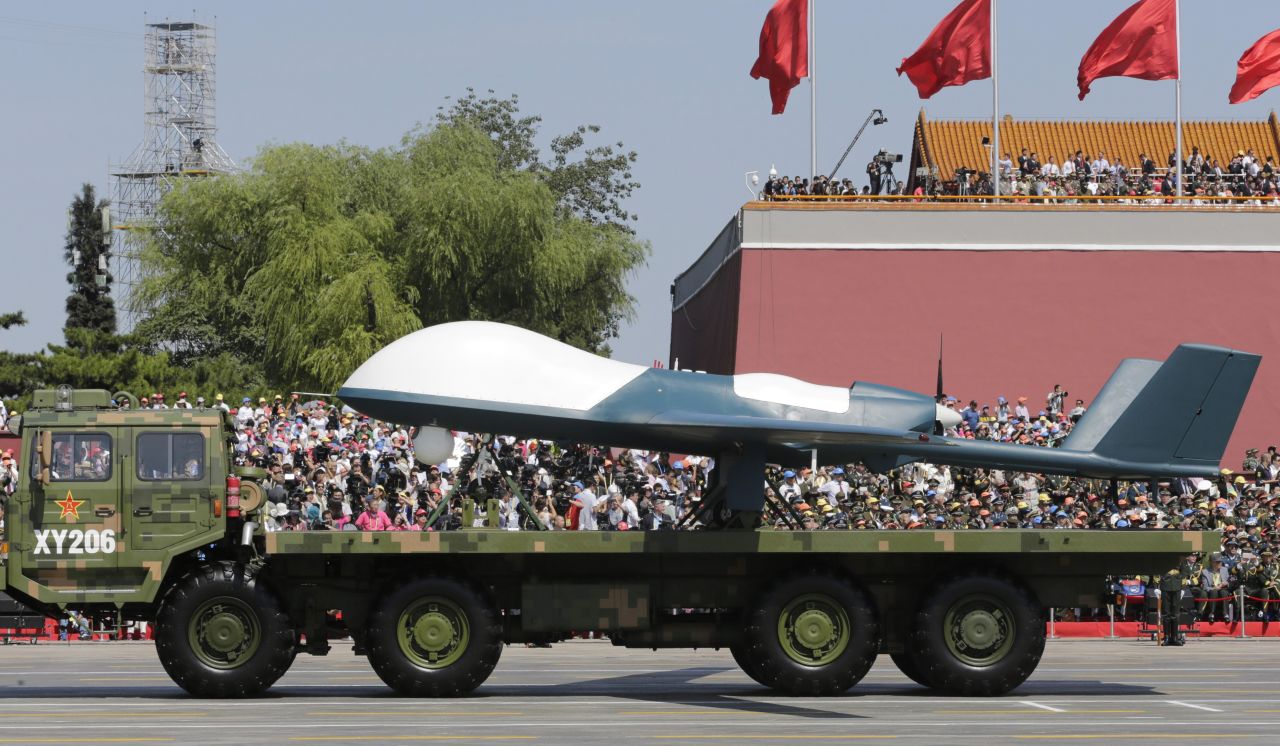 A military vehicle carrying a Pterodactyl I drone rolled through Beijing on September 3.