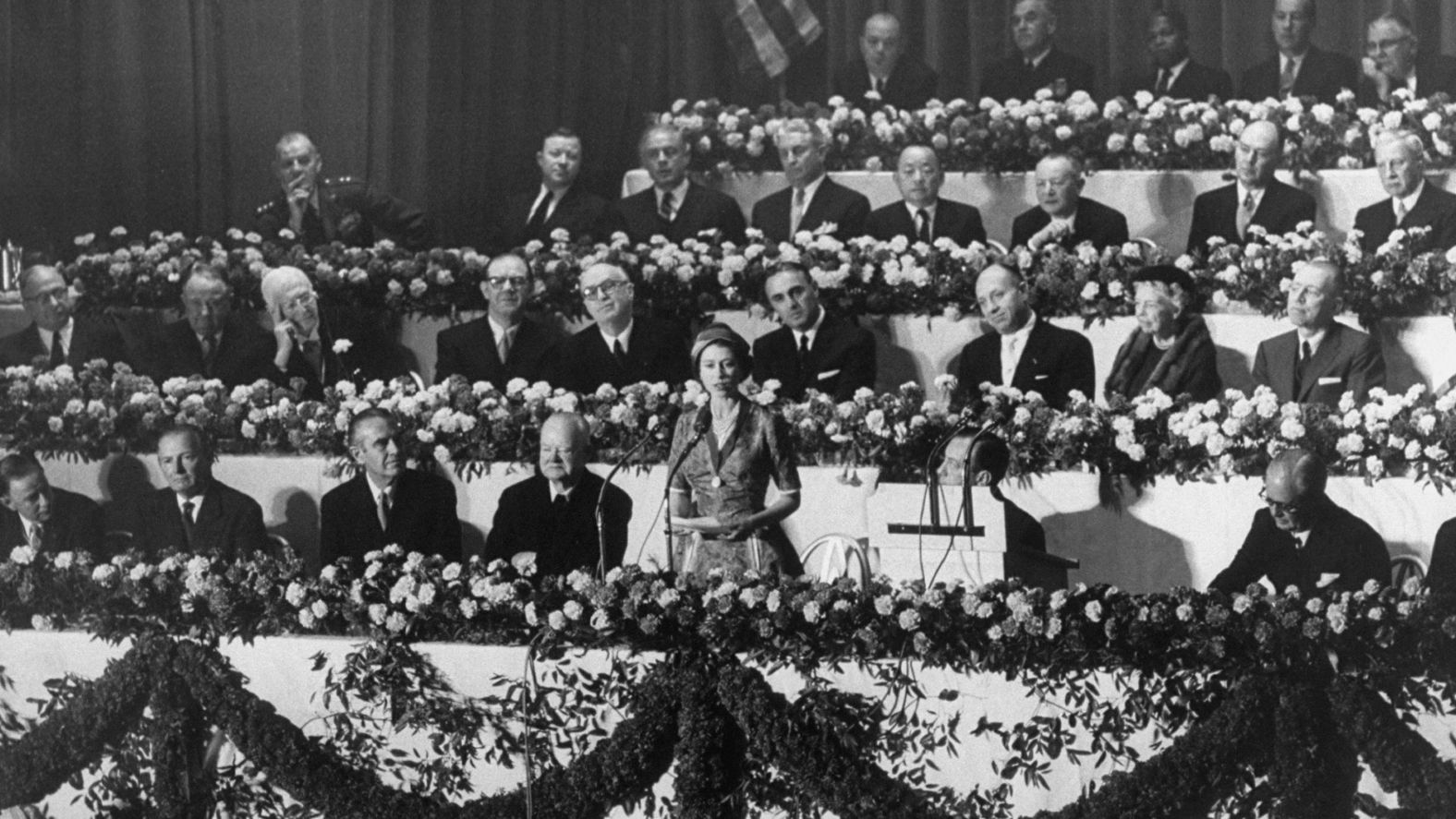 <strong>Herbert Hoover:</strong> Hoover finished his tenure as President long before Elizabeth ascended to the throne. However, the opportunity for a meeting between the two arose in 1957 during the Queen's royal tour of the United States. Hoover is seated here to the Queen's right.