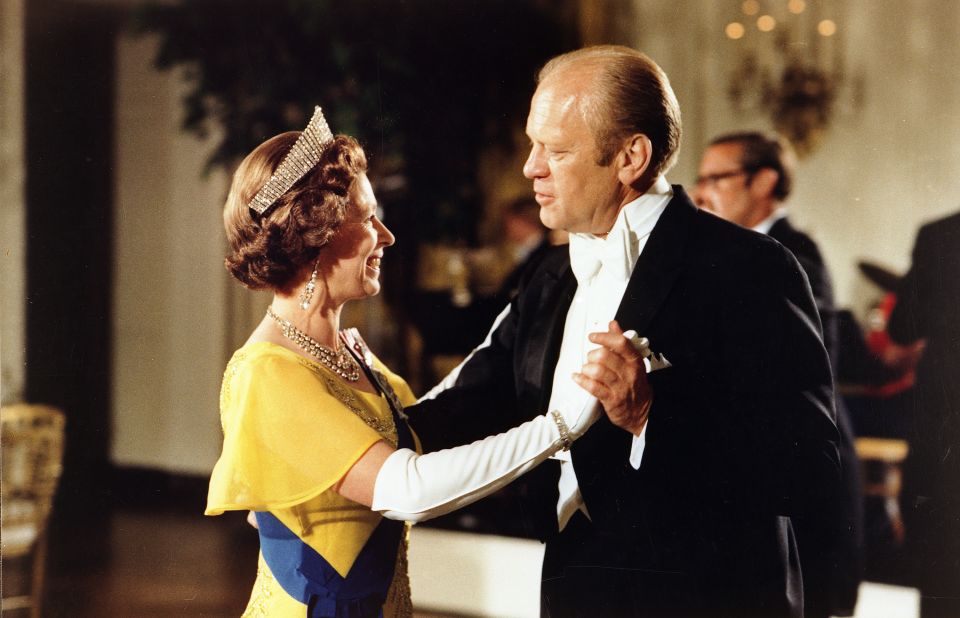 <strong>Gerald Ford:</strong> Ford and the Queen dance during a state dinner at the White House in 1976.