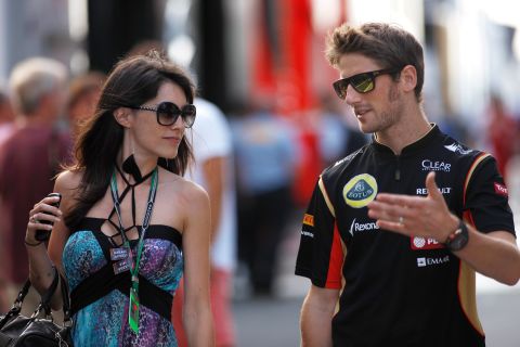 "When the helmet is on and you close the visor, you don't think about the fact that you're a dad," Lotus driver Romain Grosjean, seen here with his wife Marion, tells CNN. They have two sons, Sacha and Simon.