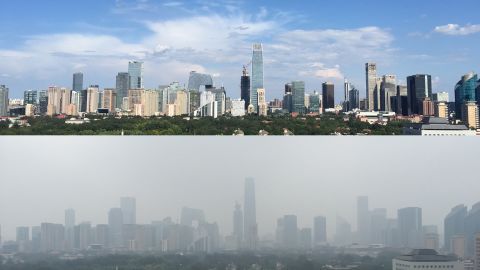 This photo shows two images of the view from CNN's Beijing Bureau, one of a blue sky day from a week before the military parade and one of a hazy sky the day after the parade.
