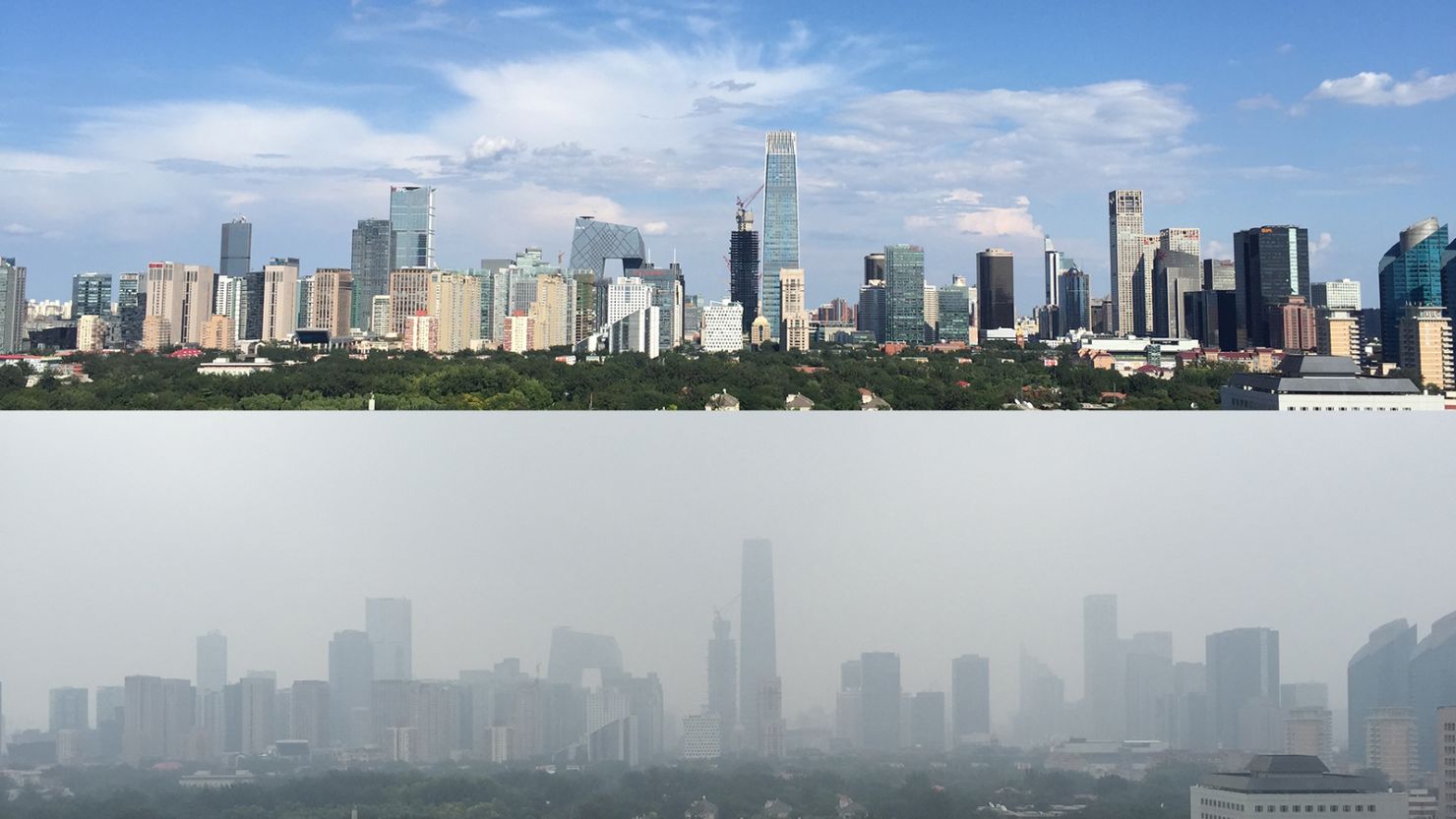 This photo shows two images of the view from CNN's Beijing Bureau, one of a blue sky day from a week before the military parade and one of a hazy sky the day after the parade.