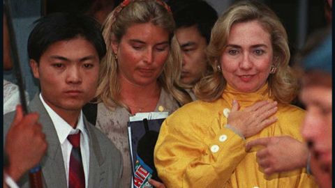 U.S. First Lady Hillary Clinton arrives at the site of the Women's NGO Forum to deliver a speech on September 6, 1995 in Huairou, China.