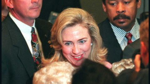 U.S. First Lady Hillary Clinton talks with delegates at the Fourth World Conference on Women after her speech on September 5, 2995 at the Beijing International Convention Center.