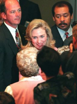 U.S. First Lady Hillary Clinton talks with delegates at the Fourth World Conference on Women after her speech on September 5, 2995 at the Beijing International Convention Center.