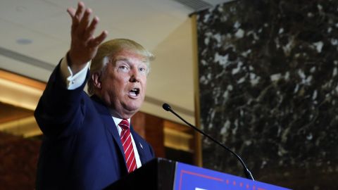 NEW YORK, NY - SEPTEMBER 03: GOP presidential front-runner Donald Trump speaks at a news conference in Manhattan after he signed a pledge Thursday to support the Republican nominee in the 2016 general election, ruling out a third-party or independent run on September 3, 2015 in New York City. Trump made the announcement following a meeting with Republican National Committee chairman Reince Priebus. Trump stressed repeatedly in the news conference that he is leading in all national polls. (Photo by Spencer Platt/Getty Images)