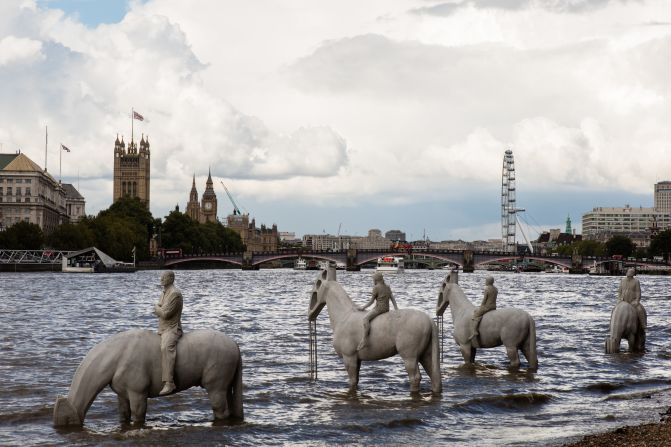 Jason deCaires Taylor's installation of the Four Horseman has been placed near the bankside of Vauxall Bridge. At low-tide the quartet can be seen in their entirety and at high-tide the horses are partially submerged. The piece is an excellent example of the tendency throughout history to interpret the Four Horsemen in contemporary terms and to make bold statements. DeCaires Taylor is using the Four Horsemen and their Horses (whose heads are represented by mechanisms from oil wells, also known as horseheads) to support his environmentalism: "I wanted a piece that was going to be revealed with the tide and worked with the natural environment of the Thames, but also alluded to the industrial nature of the city and its obsessive and damaging focus just on work and construction."