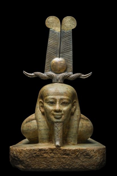 This spectacular sculpture gneiss (a stone similar to granite) dates back to the 26th Dynasty. It shows the resurrection of the god Osiris.  He is dressed with a crown known as "tchenie" (which means "rise up") while Its materials (gold, bronze, electrum) evoke the radiations of the celestial sun. 