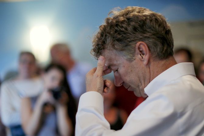 U.S. Republican presidential candidate Sen. Rand Paul pauses while speaking at a campaign stop at the Airport Diner in Manchester, New Hampshire, on Wednesday, September 2.   