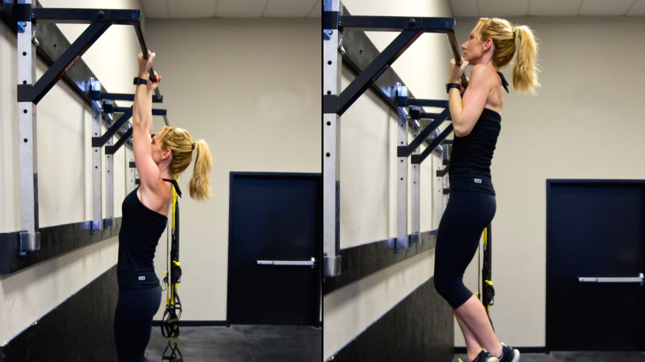 A chin up is a pulling movement that promotes strength in the arms, shoulder girdle, upper back and core. Make it  a goal to perform at least one unassisted, full range-of-motion, chin up.