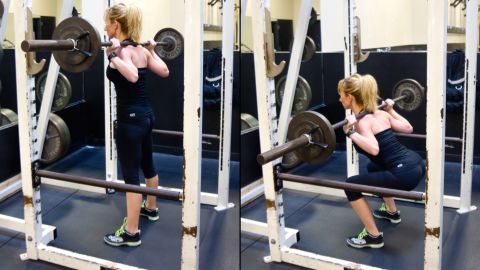 This squatting movement promotes total-body strength with a particular emphasis on the legs and core. Make it a goal to  squat your body weight for three repetitions.