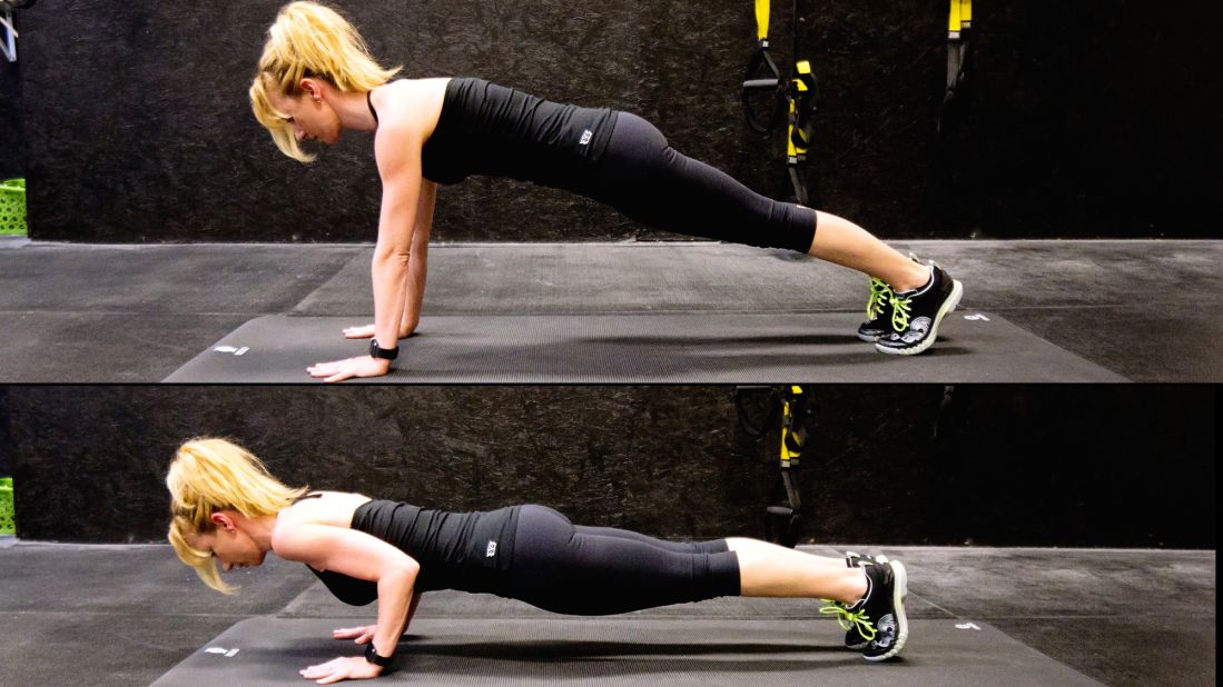 This pushing movement promotes strength in the arms, shoulder girdle, back and core. Make it a goal to perform 5 to 10 unmodified pushups with perfect form.