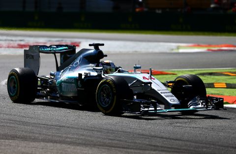 Hamilton leads the Italian Grand Prix at Monza on his way to eventual victory to open up a 53-point lead in the title race over Nico Rosberg.