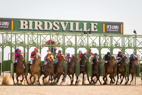 And they're off! The 12-strong field of the 2015 Birdsville Cup get underway in the one-mile race around the dirt track -- the highlight of the 13-race meet which boasts a AUS$200,000 ($140,000) prize pot. 