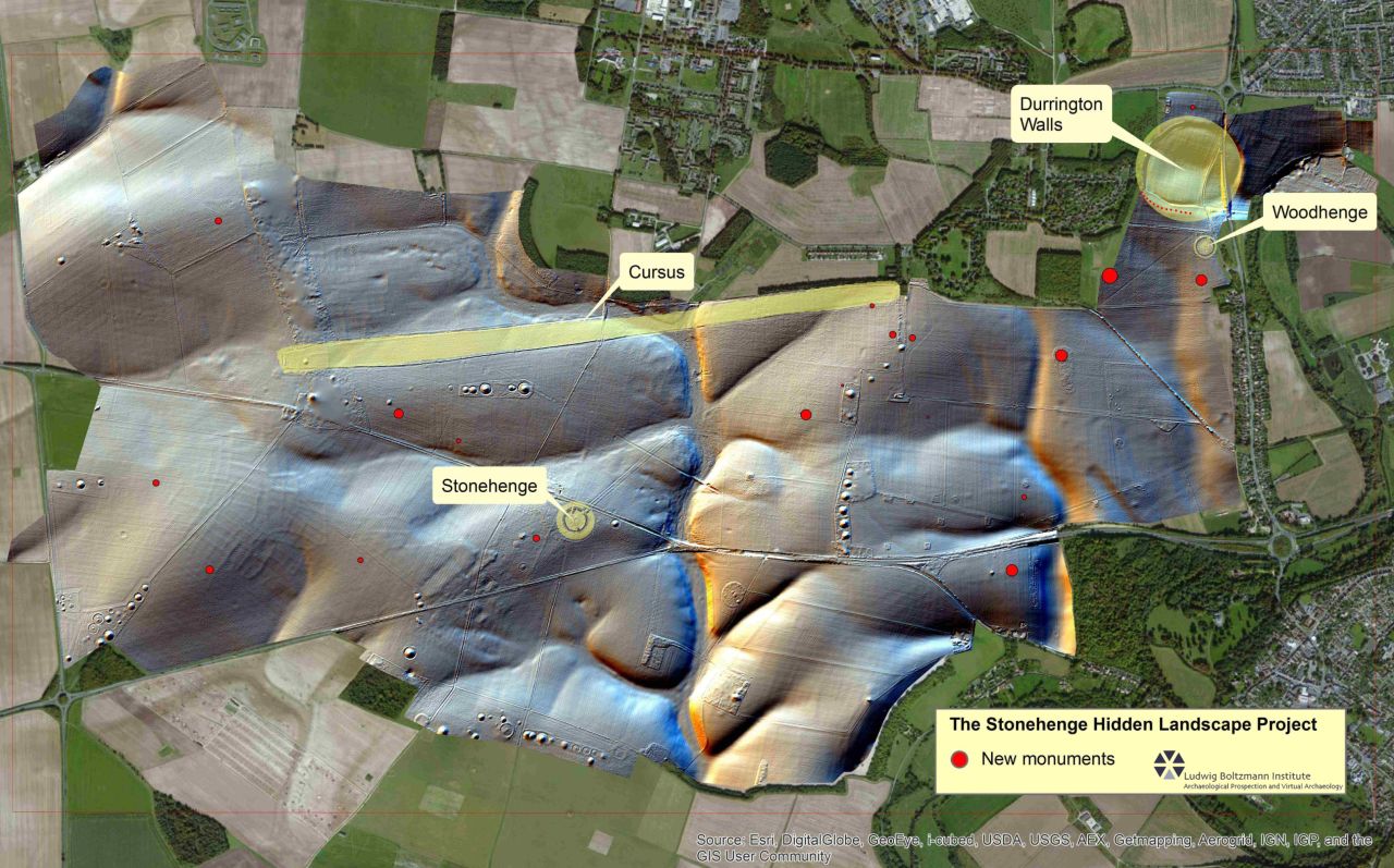 The map shows the site of the discovery. Archaeologists say the traces of larger stone monuments were discovered less than 3km from Stonehenge.